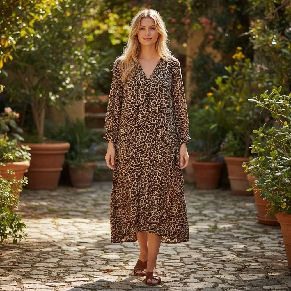 Michael Kors Midi Dress Womens 2X Brown Leopard Print Button Up Long Sleeve